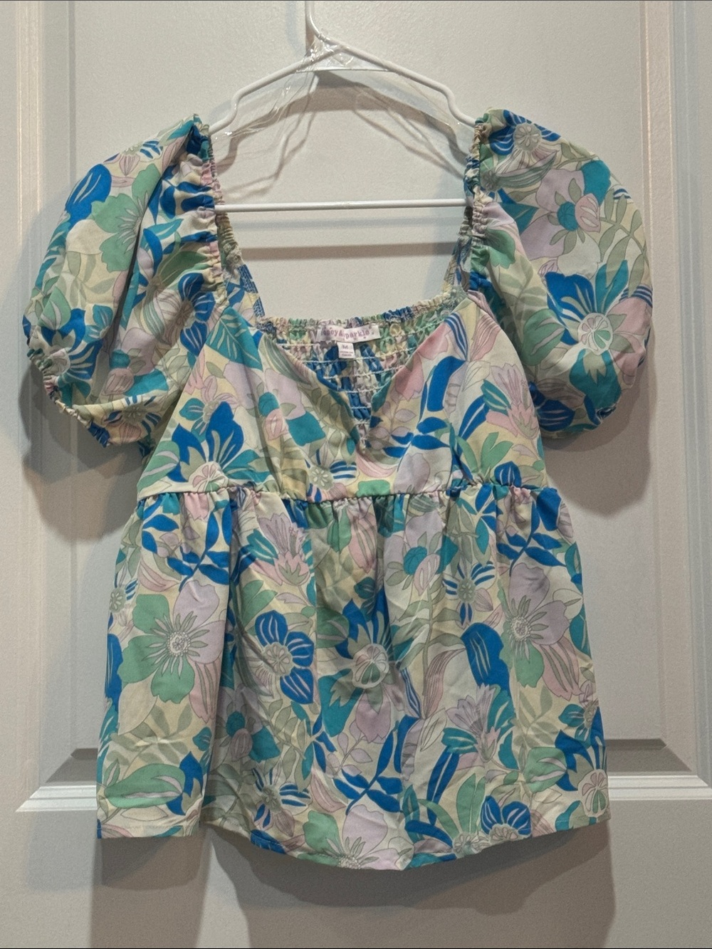 Floral Puff-Sleeve Peplum Blouse - Blue, Green & Pink